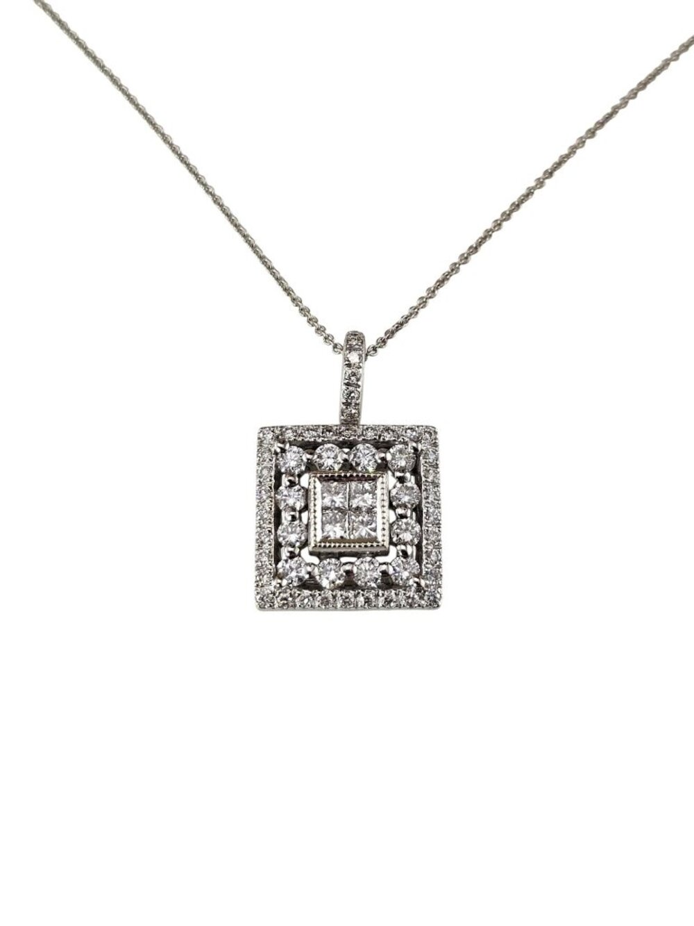 18K White Gold Square Diamond Pendant Necklace #25144
